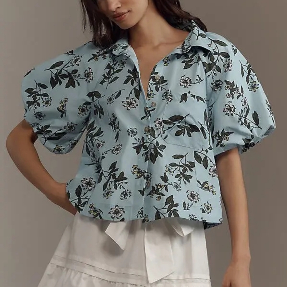 Maeve Light Blue Floral Puff Sleeve Button Front Blouse